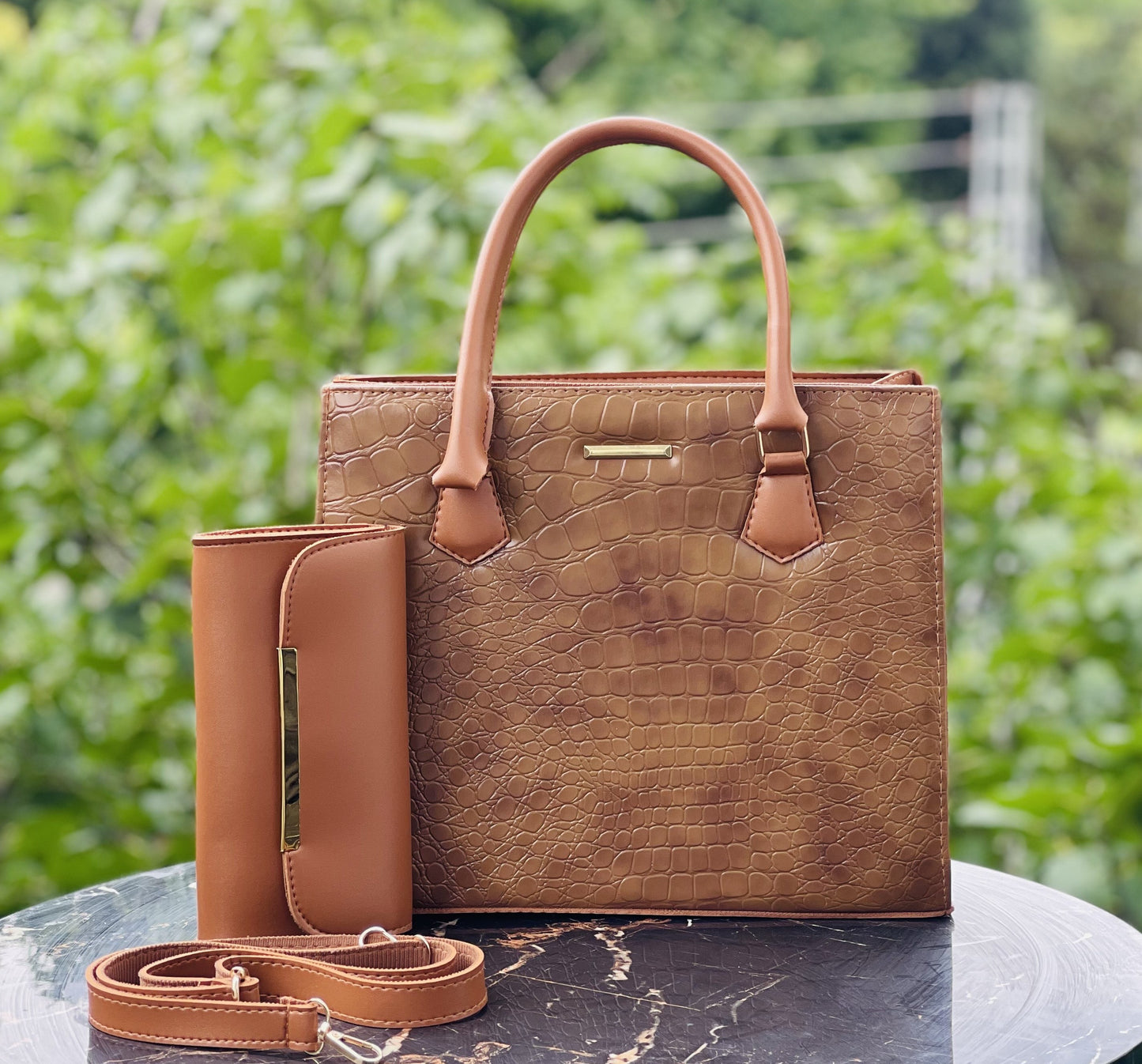Premium Crocodile Textured Brown Handbag Set