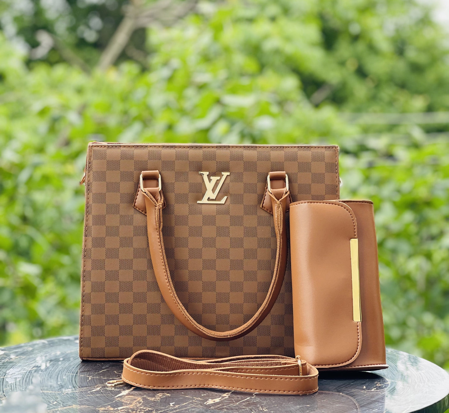 Luxury Brown Checkered Handbag & Clutch Set
