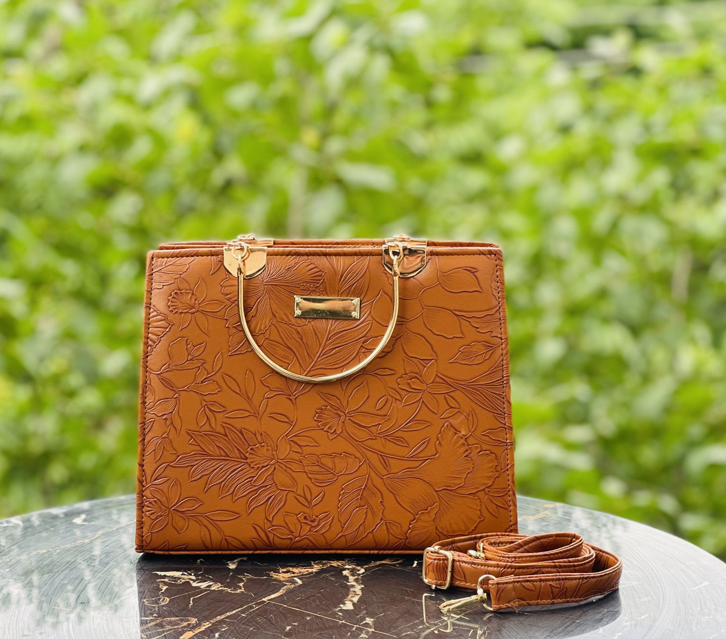 Luxury Floral-Embossed Handbag - Metal Handles