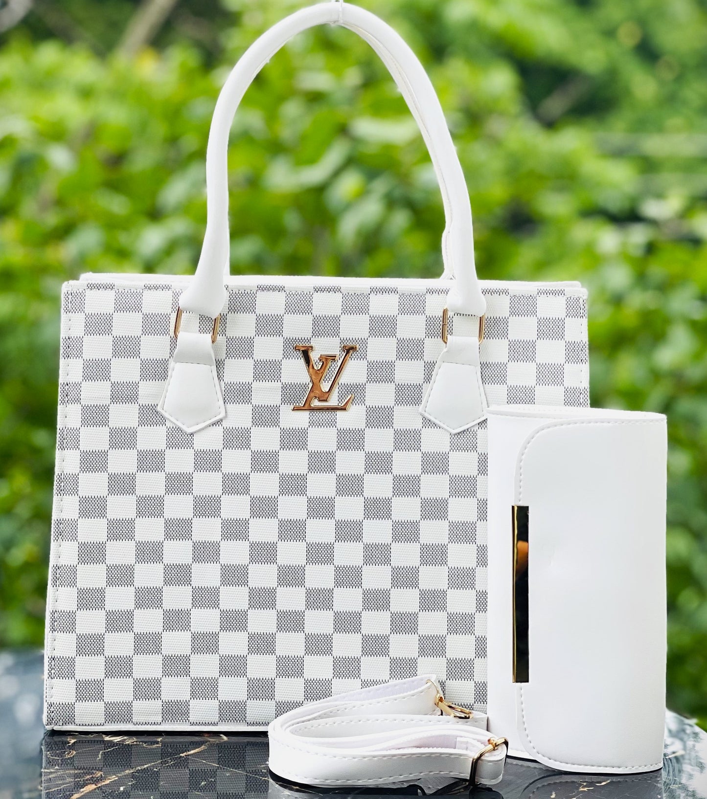 Luxury White Checkered Handbag & Clutch Set