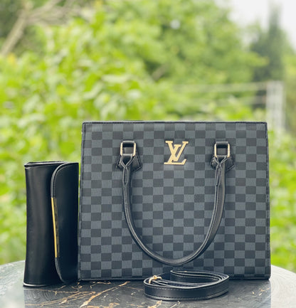 Luxury Grey Checkered Handbag & Clutch Set
