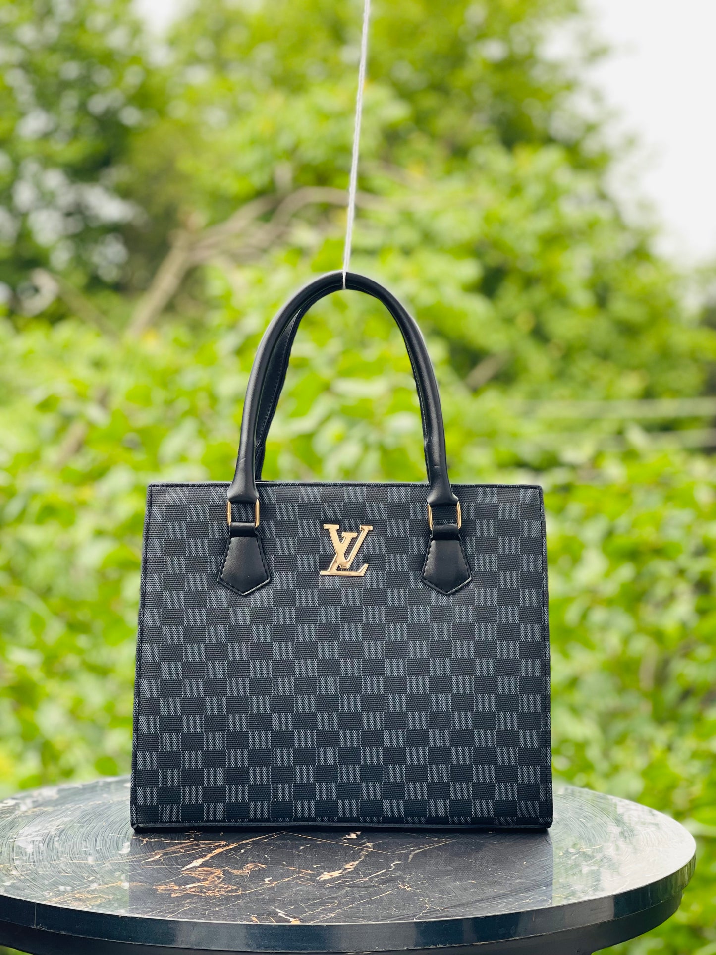 Luxury Grey Checkered Handbag & Clutch Set