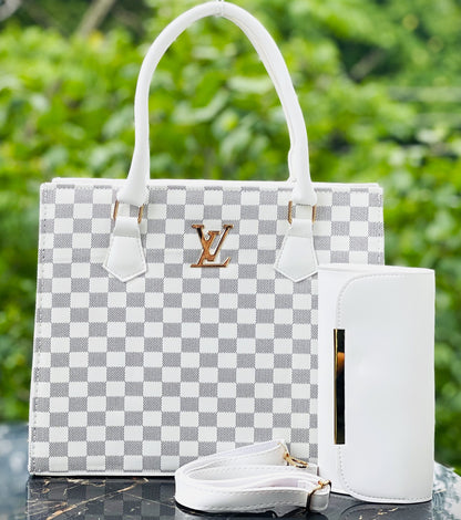 Luxury White Checkered Handbag & Clutch Set