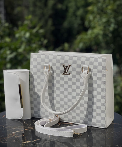 Luxury White Checkered Handbag & Clutch Set