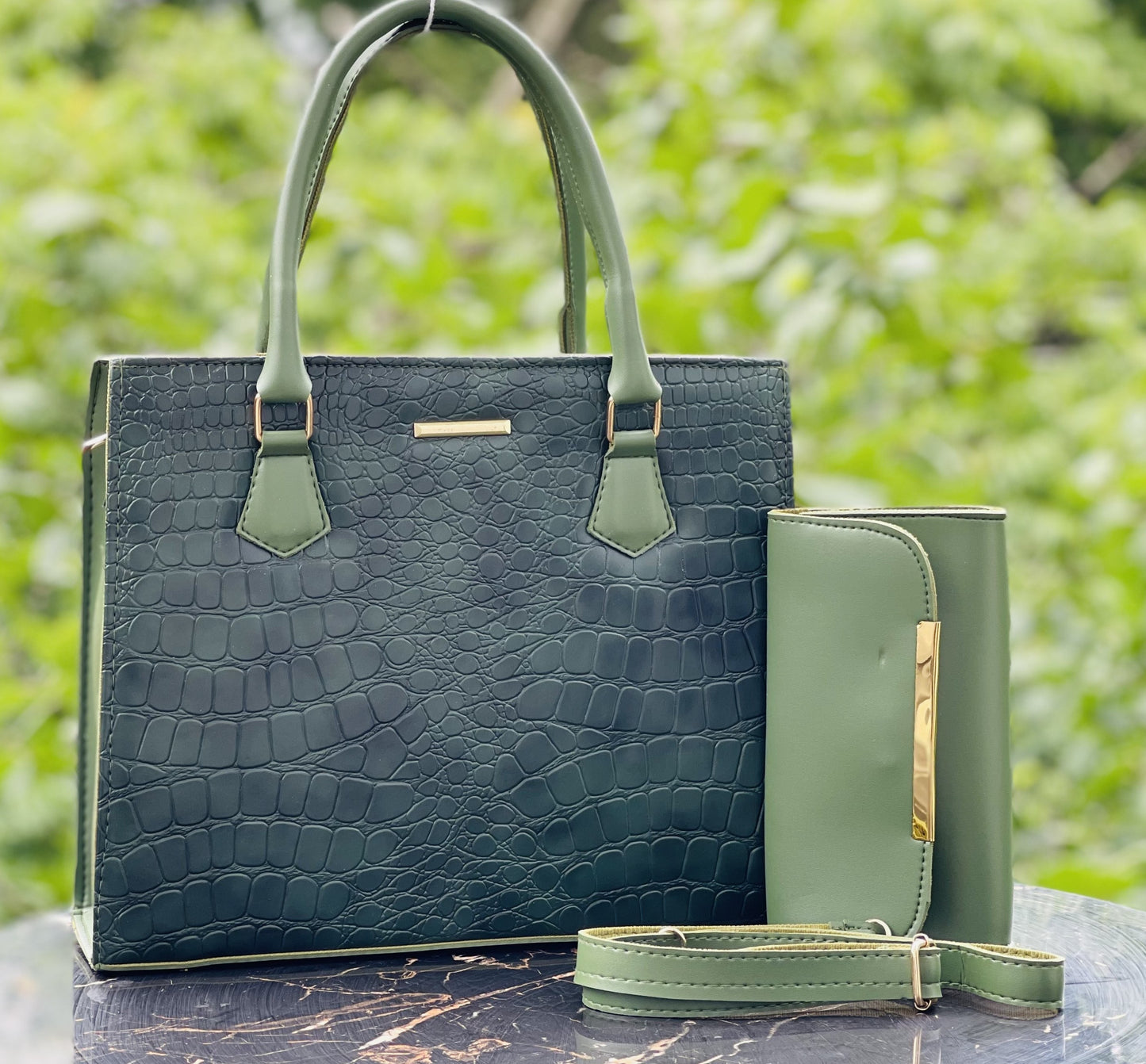 Elegant Crocodile Textured Handbag Premium Olive Green